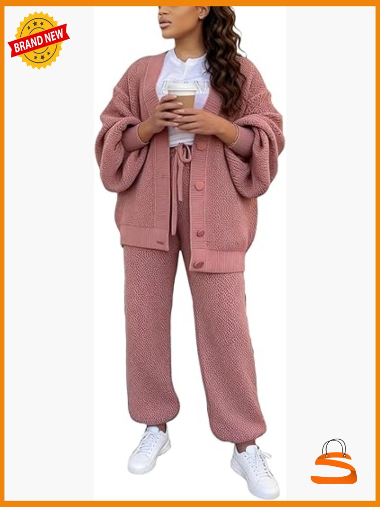 Large Cable Knit Lounge Set Cardigan Sweater Pants 2 Piece
